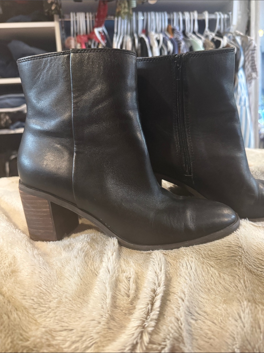 Lucky Brand Black Leather Ankle Boots with Stacked Heel